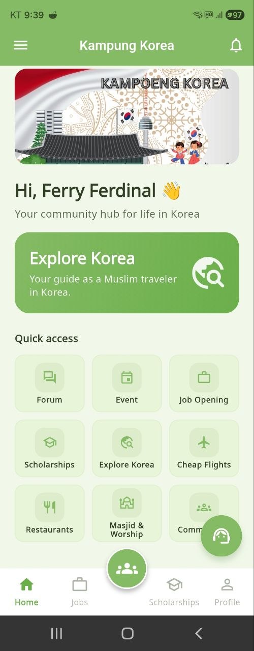 Kampung Korea app — home screen